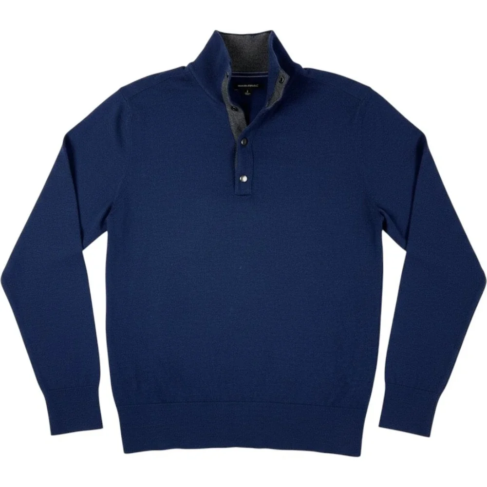 Banana Republic Sweater Men Large Blue Mock Neck Quarter Snap Wool Pullover Prep
